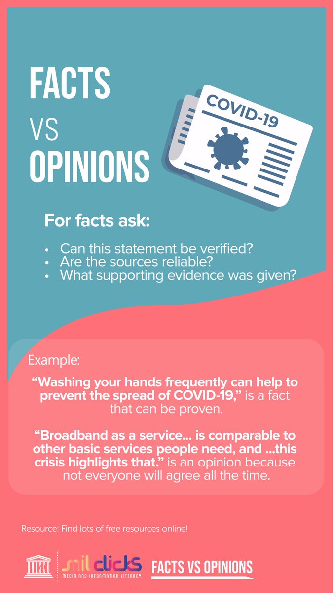 ❓Ask three questions to check if it’s a fact or an opinion.

This thread is part of <a href="/unescobangkok/">UNESCO Bangkok 🏛️ #Education #Sciences #Culture</a>’s campaign on disinformation, in collaboration with UNESCO Myanmar Office and <a href="/UNinMyanmar/">United Nations in Myanmar</a>.

Infographic by <a href="/MILCLICKS/">UNESCO Media & Information Literacy</a>

#ThinkBeforeSharing #DontGoViral