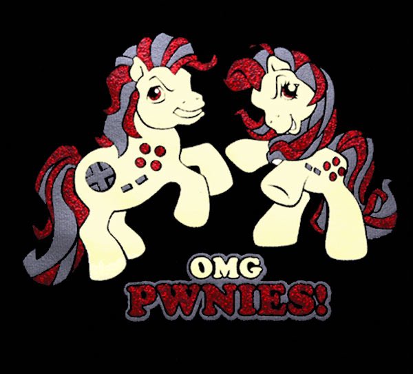 Art design showing two ponies in MLP-esque style, each has gamepad-style controls on their flank. The caption says, “OMG PWNIES!”