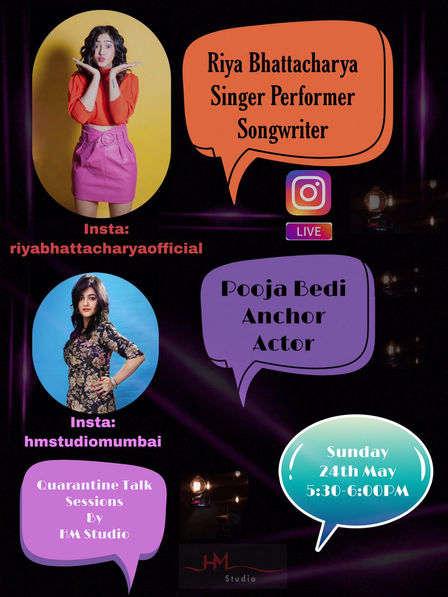 Quarantine Talk Session with fabulous singer performer @riyabhattacharya & Anchor @poojabedi05 today at 5:30PM so do come and join this session😇 #weekendwithpooja #livestream #talksession #riyabhattacharya #poojabedi05 #hmstudiomumbai #liveconversation