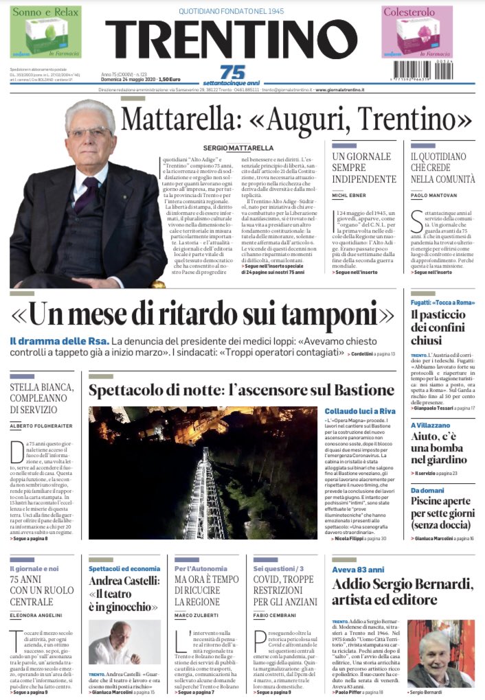Auguri Trentino! Il nostro giornale oggi compie 75 anni e in edicola c’è un inserto speciale sulla nostra storia, con un articolo scritto dal presidente Mattarella