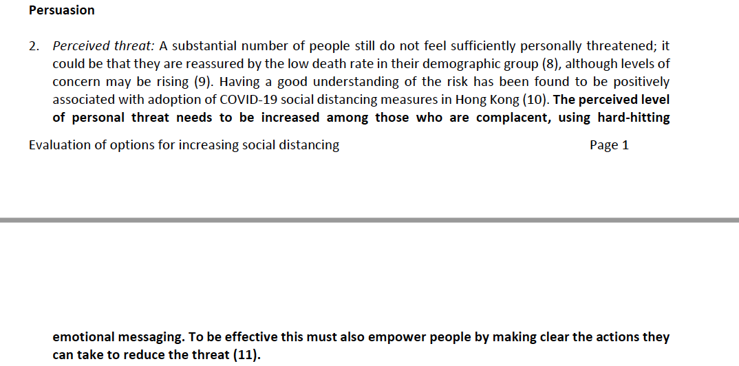 5) This advice includes using media to ‘raise the perceived level of threat’ from COVID-19. See here for further documents:-  https://drive.google.com/open?id=1XKgbU1A0Hn0ilSOjxEQLvq58Cu5NU1P7