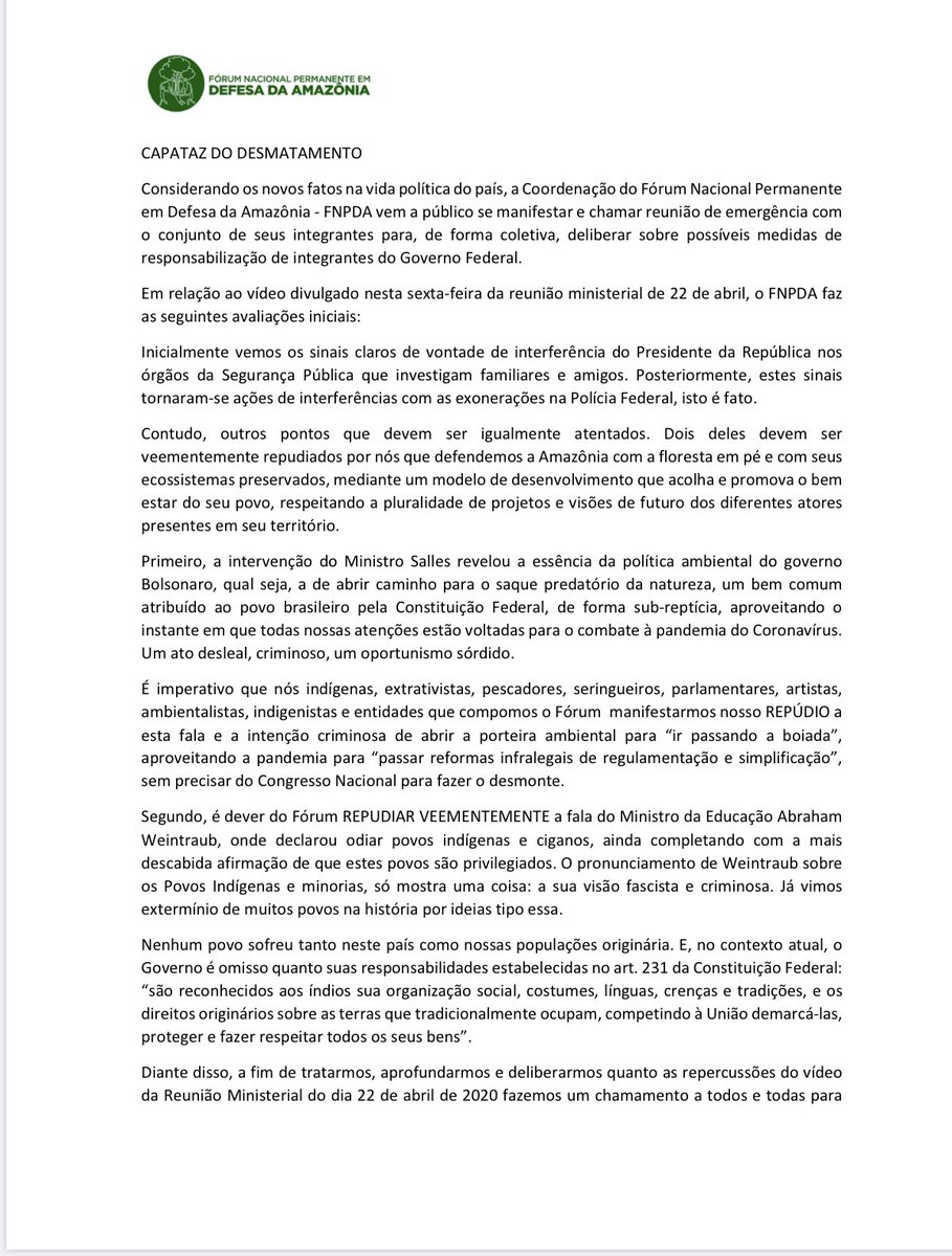 Dear @GretaThunberg, Good evening! We would like to know if you could share  on your social media our manifesto of the Permanent National Forum in  Defense of the Amazon. The amazonian people, image size:909x1200
