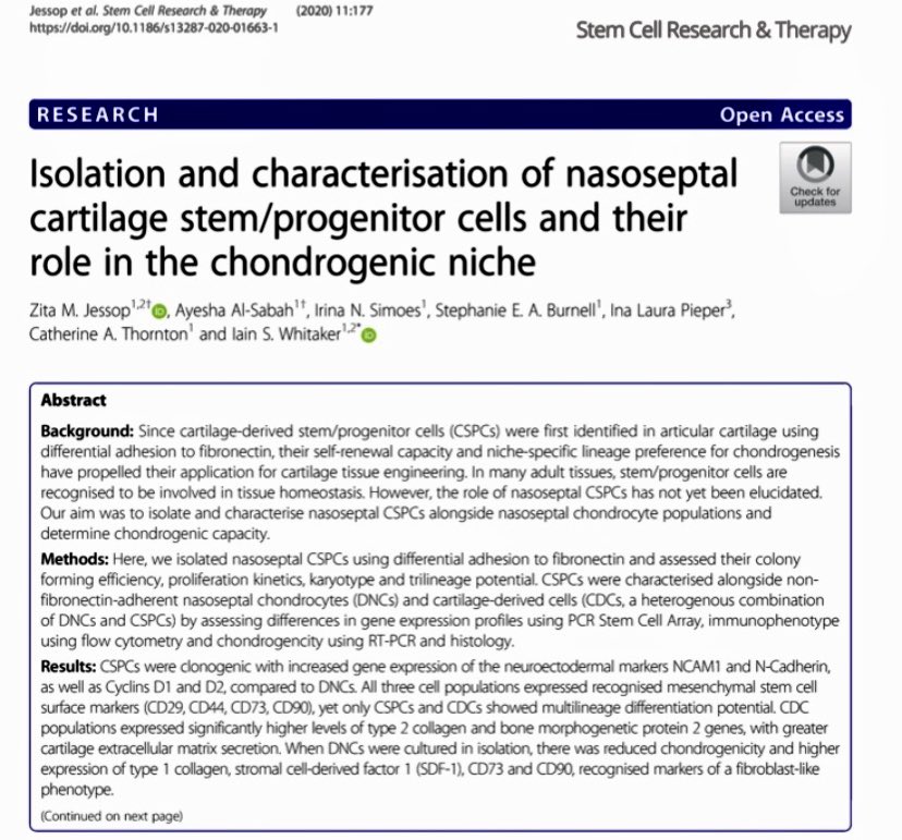 ReconRegen's tweet photo. Great to see another strong output from @JessopZita ‘s @The_MRC funded PhD thesis in @stemcellrt . A novel original article looking at the role of nasal cartilage stem cells and their potential role for cartilage tissue engineering for facial reconstruction. @BAPRASvoice https://t.co/MFI4encR8Q