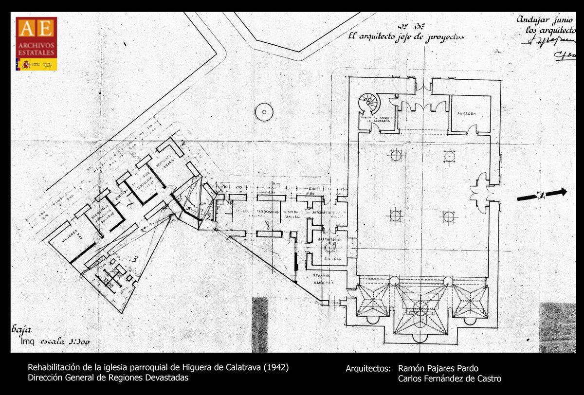 luismquesada's tweet photo. Restauración, construcción de casa rectoral y nueva plaza en la Inmaculada Concepción de Higuera de Calatrava. 1942. Nueva espadaña y portada en estilo "barroco andaluz". Pajares Pardo/C. FdeCastro. #RegionesDevastadas #Arquitectura #Jaén #neobarroco #RRDD #DomingosdeParroquia https://t.co/Cxvv4SLMB4