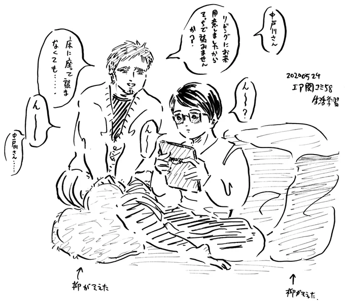 お題:「柳と中戸川」『ネンレイカクニンシテクダサイ。』の2人です。すぐ床に座っちゃう中戸川 