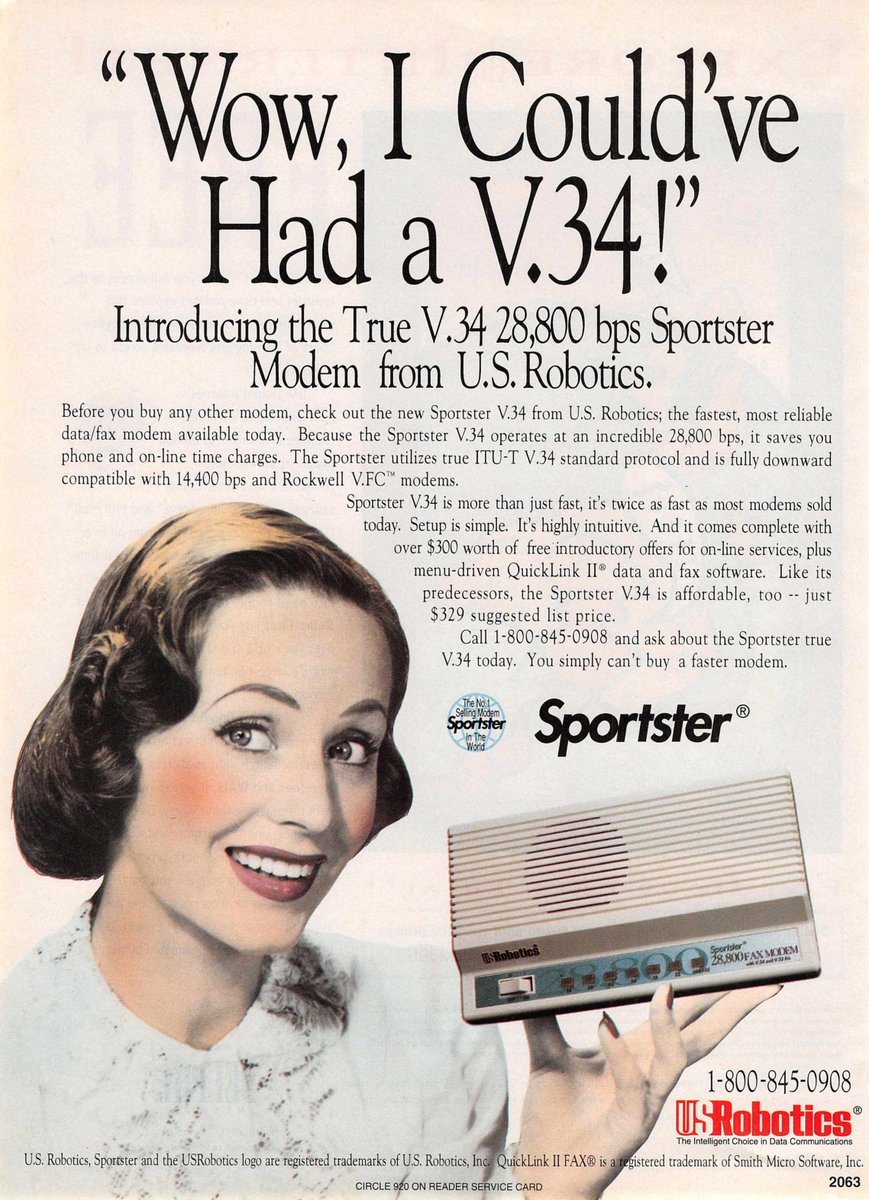 US Robots advertising their external 28800 bps Sportster modem.Another use of that weird colorized-B&W photo look, huh. Only 329$!