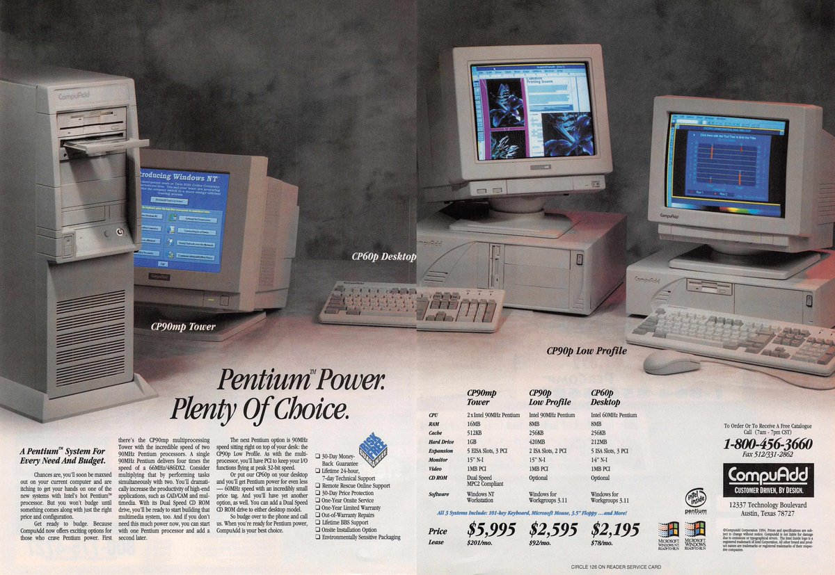 Some CompuAdd generic desktops.I really like that Pentium tower on the left.5995$ for a DUAL PENTIUM 90mhz, 16mb of ram, 1gb of hard drive? Sexy.