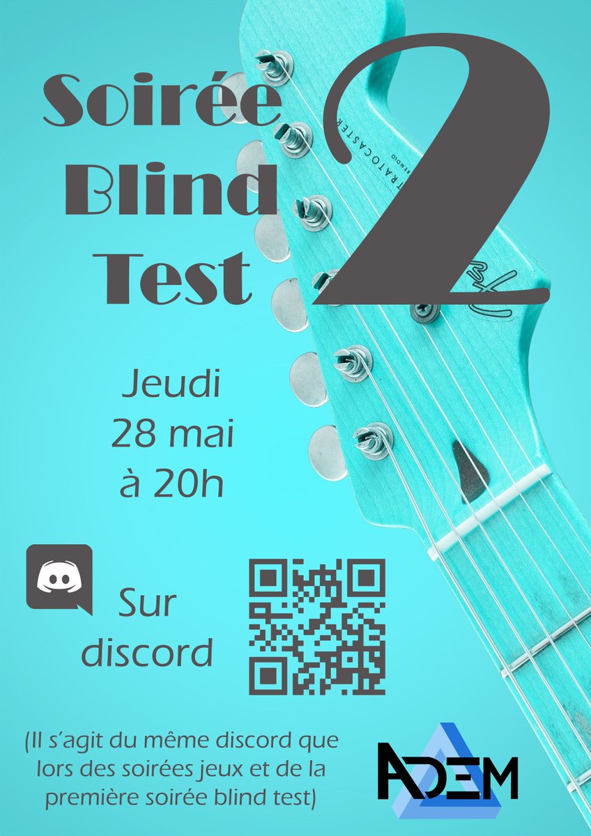 ADEMStrasbourg's tweet photo. [BLIND TEST] Une seconde édition de la soirée blind test aura lieu jeudi 28 mai à partir de 20h !

Comme à chaque fois ces derniers temps, on te donne rendez-vous sur discord : https://t.co/siEwJf5skS 

On compte sur toi ! https://t.co/gUhCtKyZDE