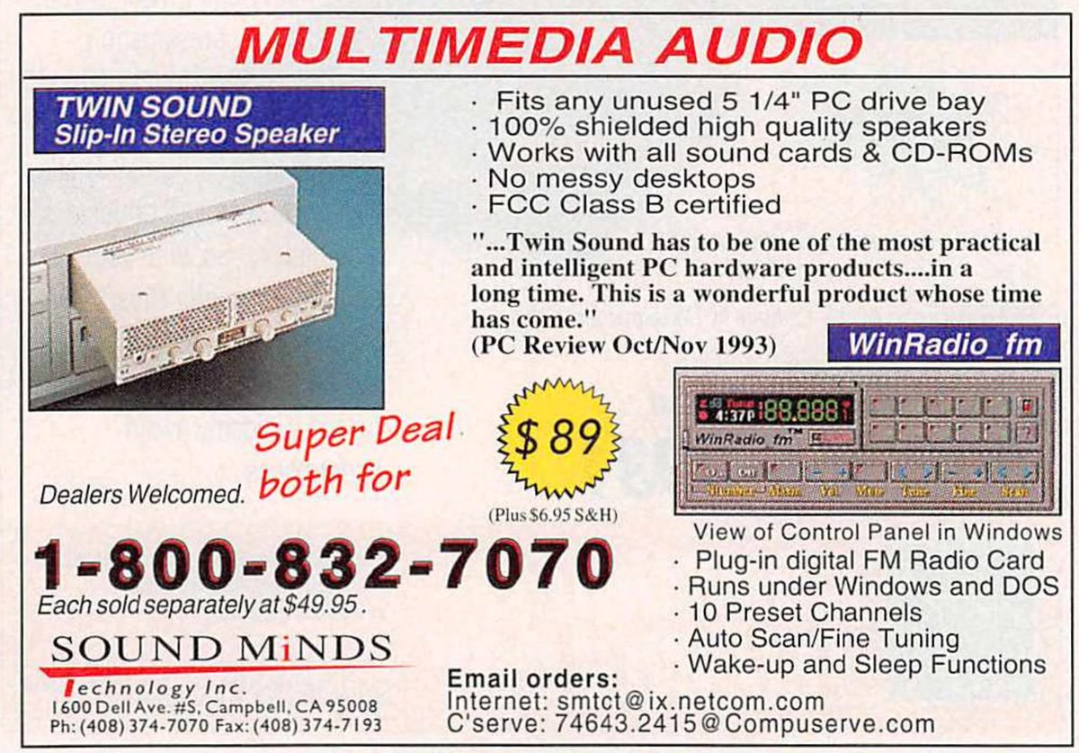 Check this out! The Twin Sound Slip-In Stereo Speaker.Because why not have speakers in a spare 5.25" drive bay? Alongside a FM radio ISA card.