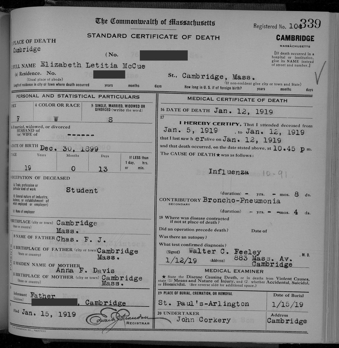Now the weird part. Letitia died in January 1919. In our home. The funeral was also held here.  @Maine_Genealogy found the death certificate. She died in the 3rd wave of Spanish Flu pandemic, just as it began to die down. Her death certificate simply says cause: Influenza 11/