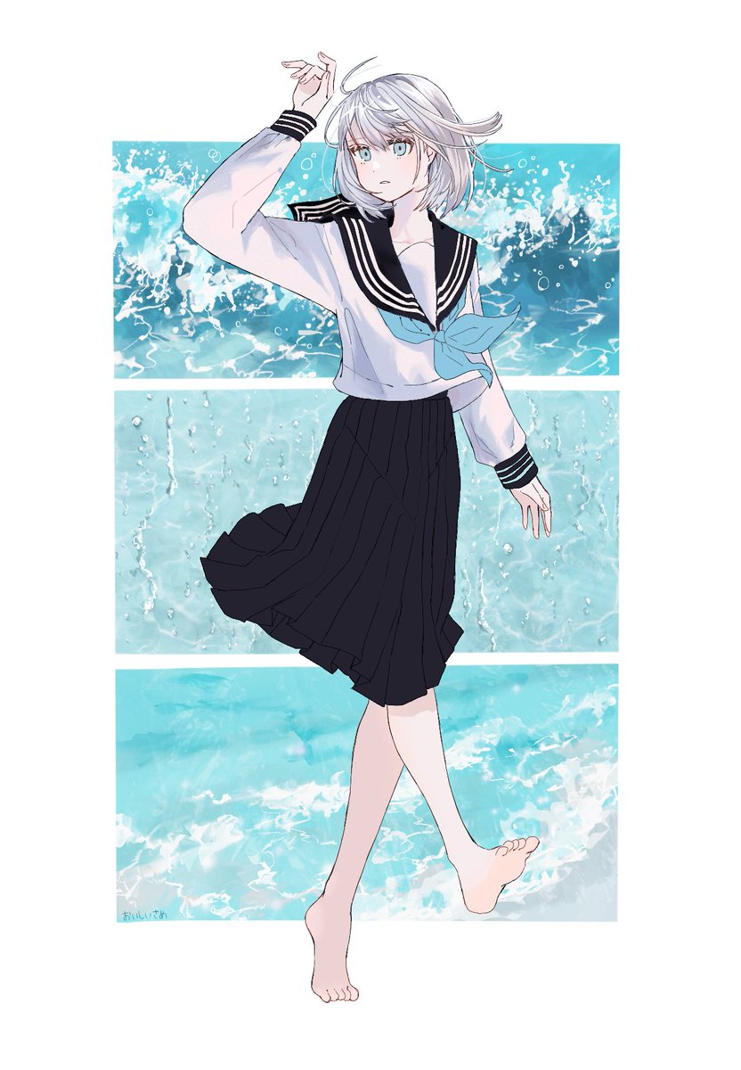 1girl solo barefoot skirt school uniform serafuku blue neckerchief  illustration images