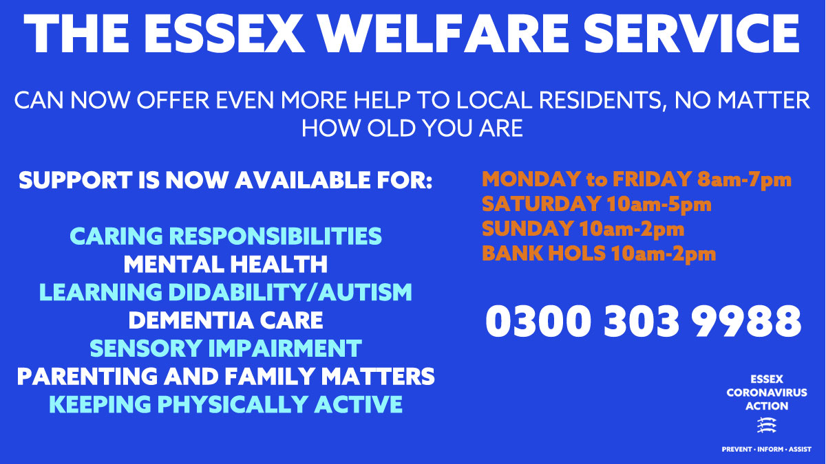 The #EssexWelfareService is there to help you find access and support during the #coronavirus challenge. If you need support with advice, daily living tasks, and wellbeing, please contact us on :
☎️ 0300 303 9988
🕗 Mon-Fri 8am-7pm, Sat 10am-5pm, Sun 10am-2pm