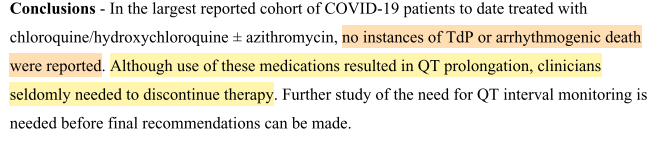 Je tiens a préciser quelques informations complémentairesTout d'abord, la sécurité du traitement HCQ+AZM a été évalué dans une étude dédiéeConclusion : PAS DE RISQUE de mortalité cardiaque à court terme https://www.ahajournals.org/doi/10.1161/CIRCEP.120.008662