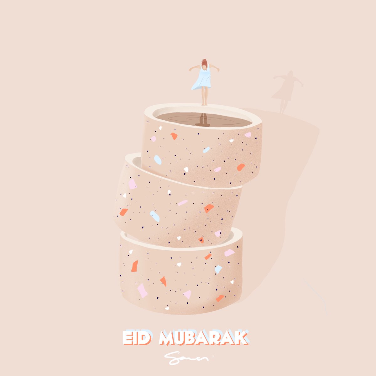 SemaiAm's tweet photo. Happy stay at home eid beautiful ones 🧡 #EidMubarak 
Ig: Sama_illustrates https://t.co/eJveM4YNct