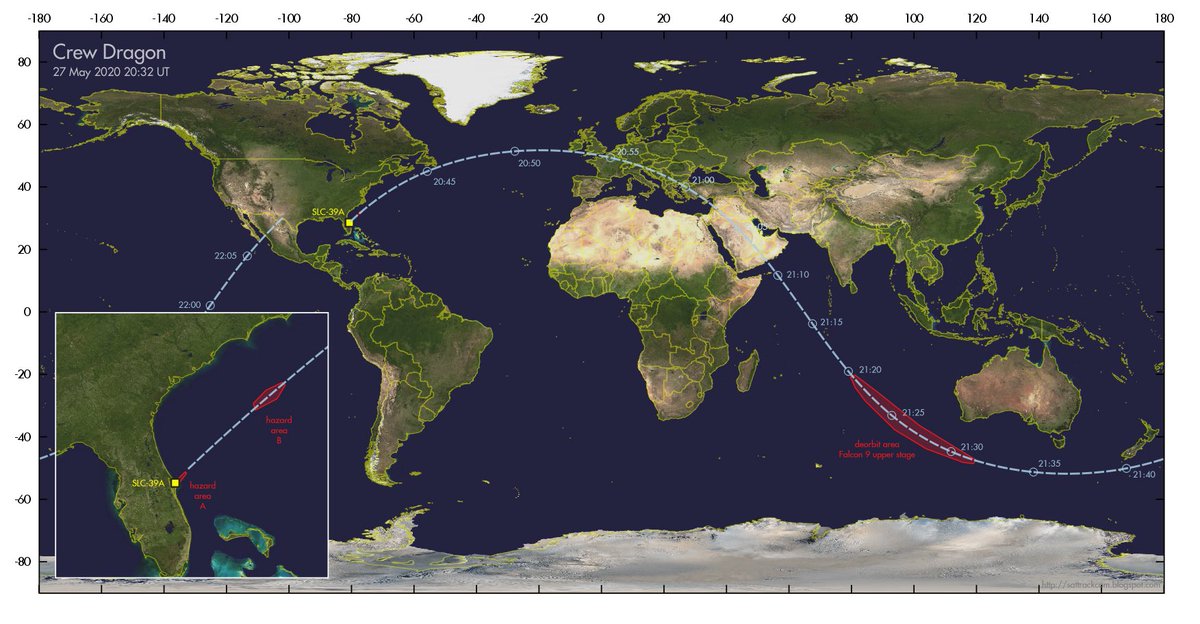 So one other element to watch — “Abort Recovery Weather”. We need good weather up the eastern seaboard form cape canaveral, up to just off the coast of eastern Canada, and another section of track near Ireland. This ground track will sort of give you a sense for that path.