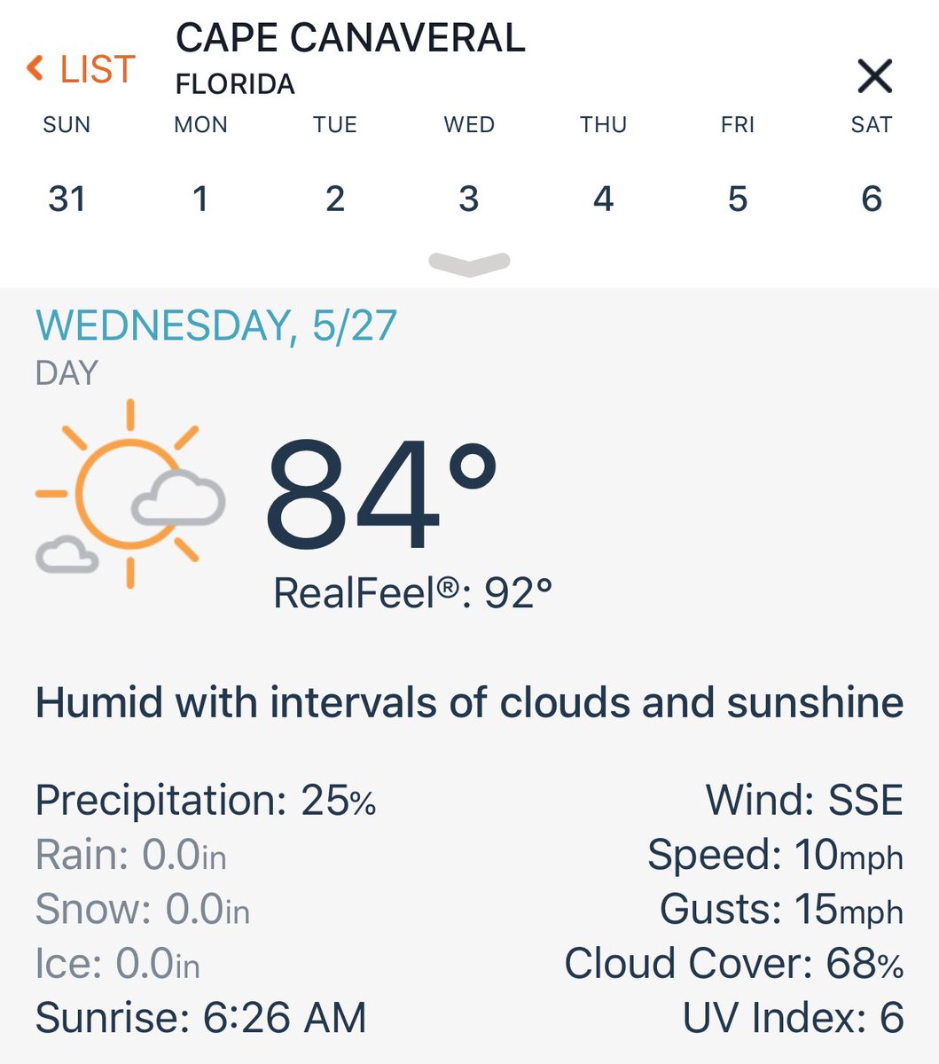  @accuweather is showing what appears to be “nominal” conditions for a May 27th liftoff! Even still, will have some scattered clouds, which will make for “less then perfect” rocket photos from pretty much anywhere except from those glorious pad shots, but we will have a lauxch!