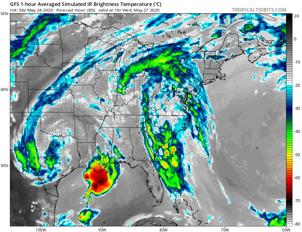 Looking at the GFS output from the  @TropicalTidbits website, we can see that on Wednesday that even if the weather is improving over Florida, there will still be a ton of storminess off the coast of Florida. This would be a non starter for a launch.