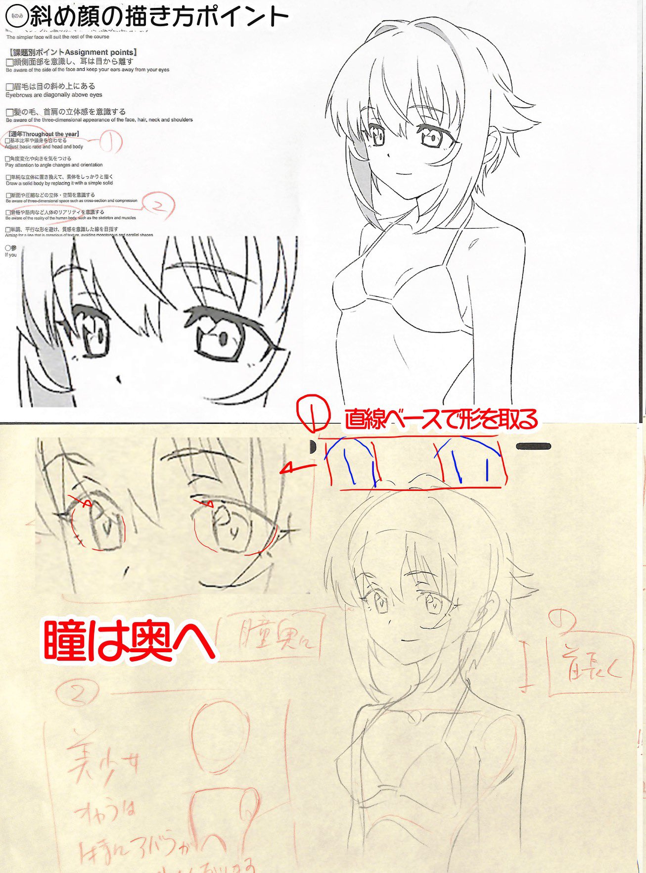 アニメ私塾 斜めの方向をつくる 単純な形で斜め方向 目線 特に奥の目が寄り目気味 顔側面 目と耳を離す 鼻は７割の高さ 髪の毛の立体感 顔の正中線 オデコの盛り上がり 瞳を少し斜めにすると表情が引き締まる T Co Nweqxozqhz