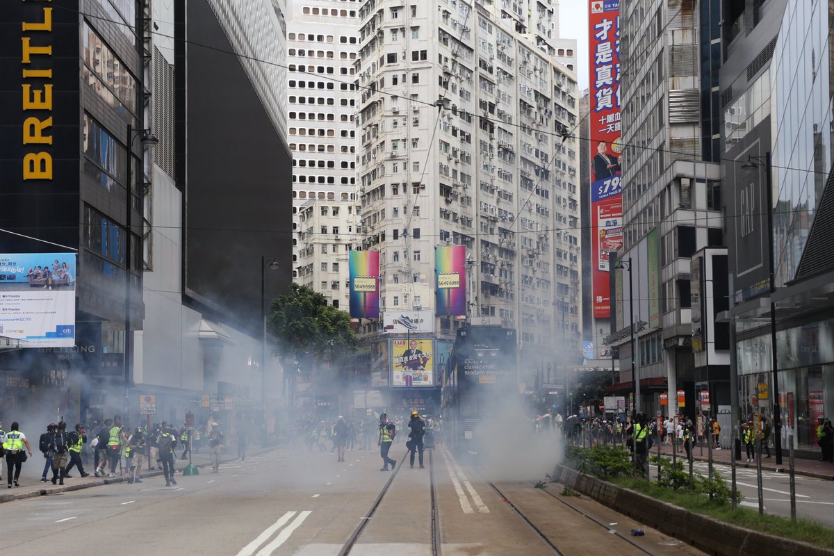 More teargas fired along Hennessy Road, while the water cannon was used on the Canal Road flyover. Riot police remain on every block.