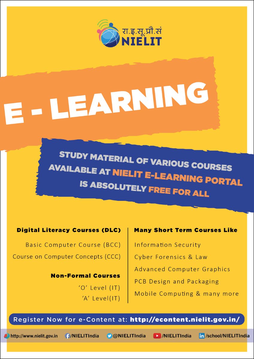 rsprasad's tweet photo. Now Learn at Home with @NIELITIndia ‘s  e-learning initiative. 
Get access to various modules of NIELIT courses such as O/A/B/C Level, ESDM, e-Governance, IT Literacy courses etc 

Register at :
https://t.co/zhNkfNWDZ0 &amp; get access to free for all study material. https://t.co/BpYJwI1HUa