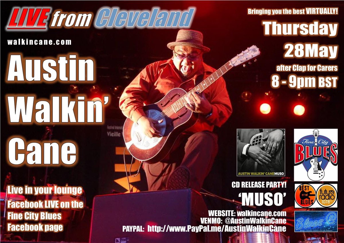 This Thursday Live and virtual for Fine City Blues, Facebook Live - AUSTIN WALKIN CANE album launch show 8pm UK 28 May 2020 #finecityblues