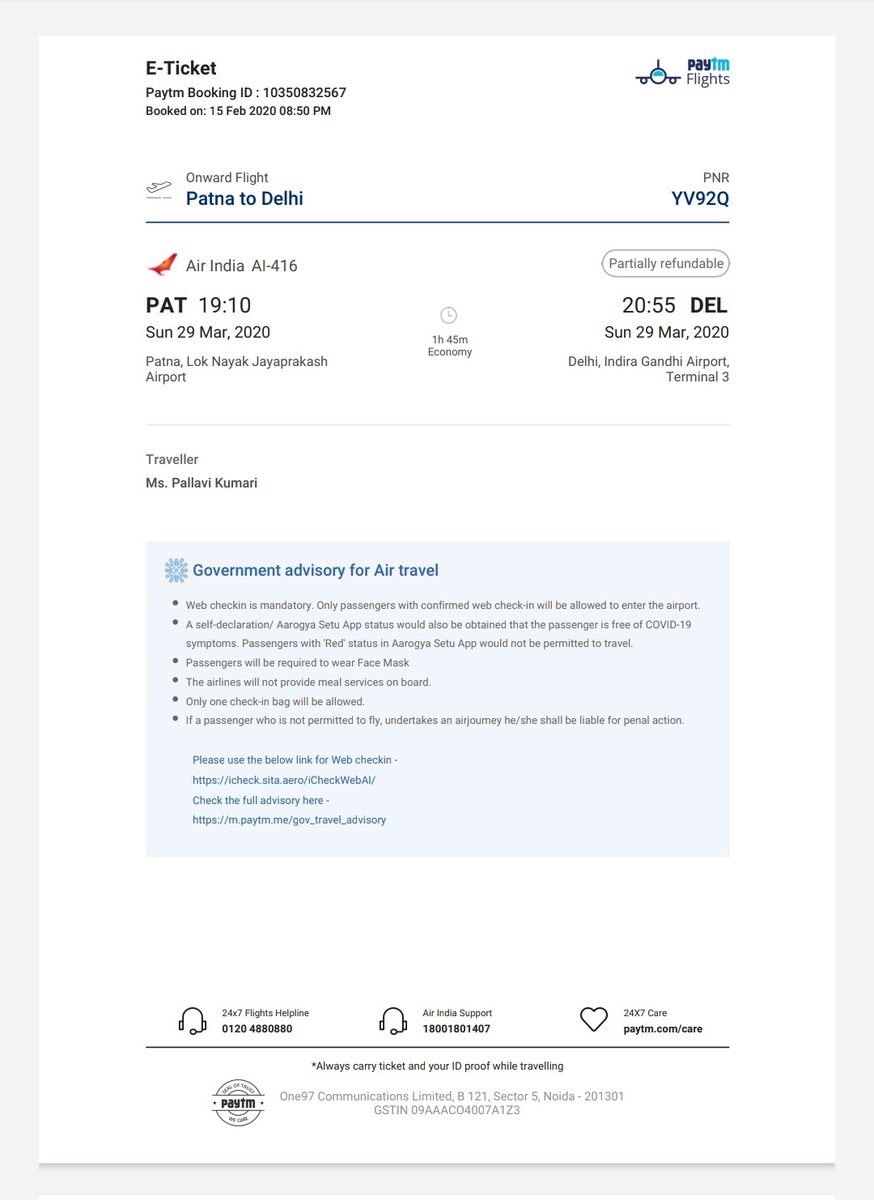 amey_1206's tweet photo. As per government order @airindiain is providing full refund for booking made between 25 th march to 14 th April 2020. I booked my ticket from @Paytm and when I asked for refund  they giving such a useless solution. You can see they even don't have proper support to customer. https://t.co/dEf29W5rH4