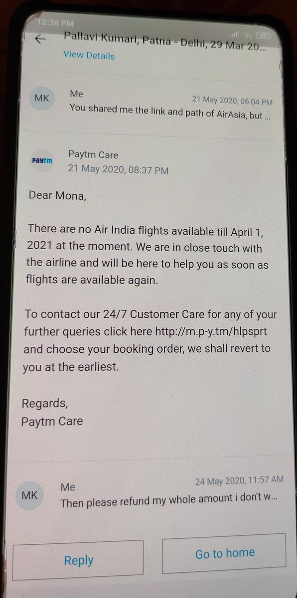 amey_1206's tweet photo. As per government order @airindiain is providing full refund for booking made between 25 th march to 14 th April 2020. I booked my ticket from @Paytm and when I asked for refund  they giving such a useless solution. You can see they even don't have proper support to customer. https://t.co/dEf29W5rH4