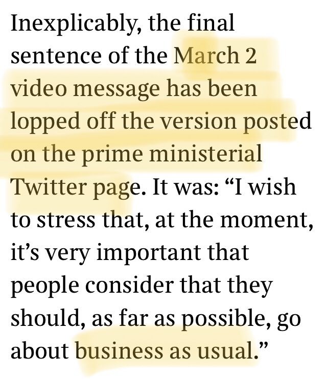 Nugget one: weird case of edited vid message in which  @BorisJohnson says on March 2 it’s “business as usual” as far as possible. When world is locking down. /2