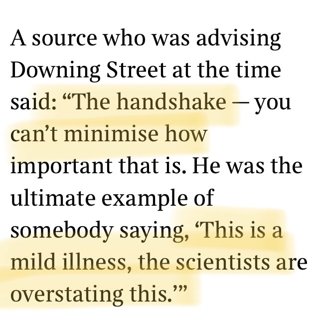 Nugget 2: the whole  @BorisJohnson handshaking debacle - the message it sent, the lives it maybe cost. /3