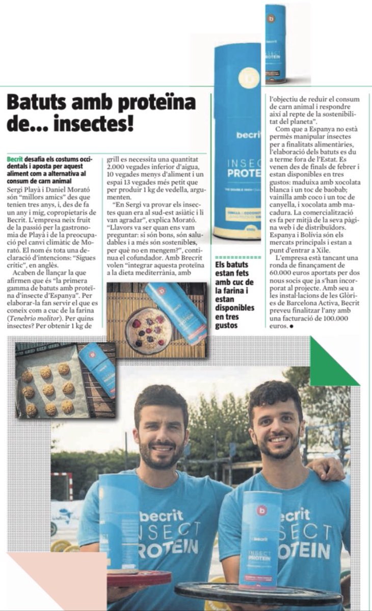 Dosde2com's tweet photo. Bon diumenge! Comencem el dia llegint com els batuts d’#insectes de la #startup #Becrit son una font #sostenible de #proteïnes. Llegeix-ho avui a @LaVanguardiaCAT. Moltes gràcies @Lfarras! 🦗🥤🌍 #dosde2 https://t.co/puElxDtrgM