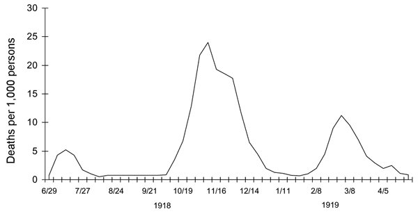 The first wave of the 1918 pandemic occured in the spring and was pretty mild.The sick had typical flu symptoms such as chills, fever and fatigue and the number of reported deaths were low