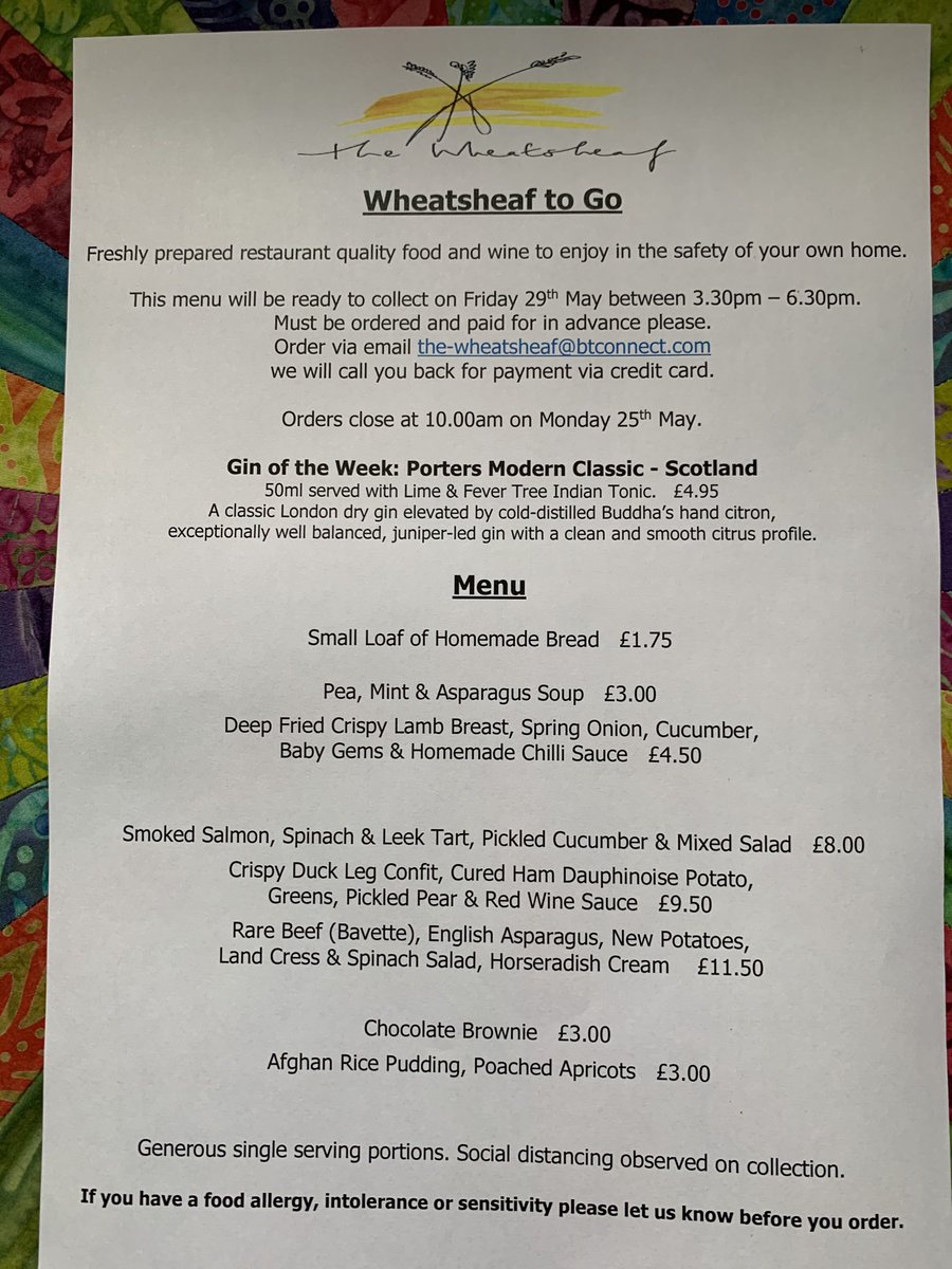 Wheatsheaf To Go new menu. Our ready meals for take away. Orders by Monday 10am for collection on Friday between 3.30pm - 6.30pm. #wgreetham #wgreethamtogo #takeaway