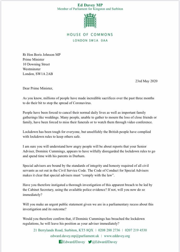 EdwardJDavey's tweet photo. My letter to @BorisJohnson yesterday👇 

If he allows Cummings to stay, the PM’s authority over the coronavirus crisis will be lost, damaging our national effort to fight this appalling disease https://t.co/iUKlOjkJay