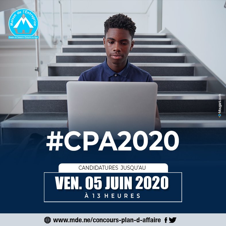 Porteurs de projets, entrepreneurs en activité, vous avez jusqu'au vendredi 5 juin 2020 à 13H pour postuler à la 2ème édition de la #CPA ! 
Formulaire de candidature et conditions générales de participation à télécharger sur 👉🏼 mde.ne/concours-plan-… 

#Entreprenariat
#Niger