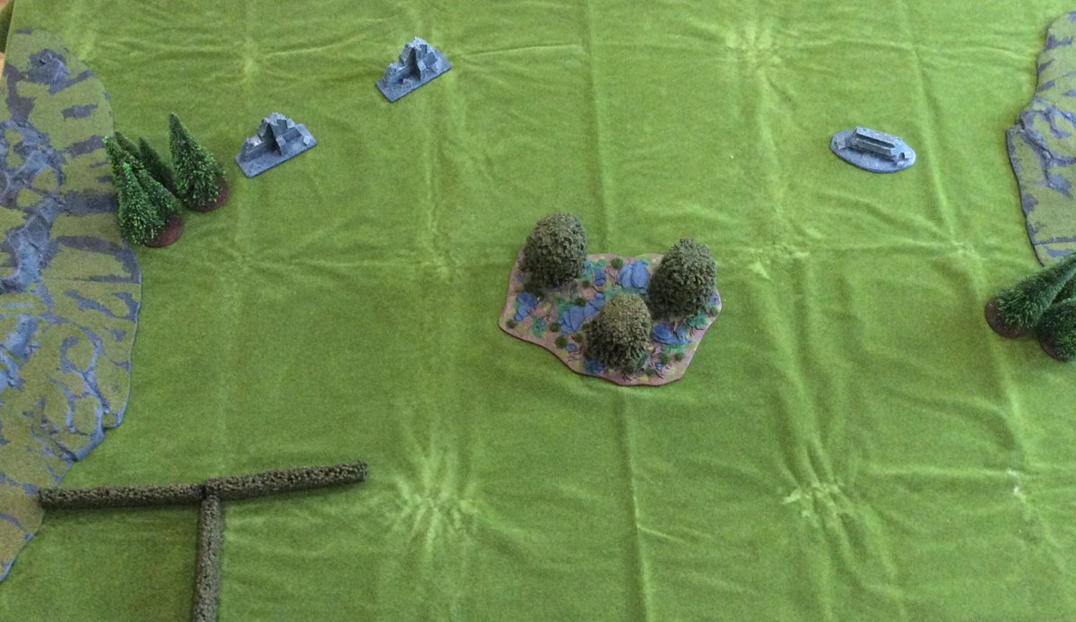 Blue Tree Gap in all its glory. The aim was to try some heavier cavalry units so added some human heavy cavalry and beefed up the goblin Wolf riders. The battlefield was constrained by the steep hills on both sides however, it was the woods in the centre that were key...