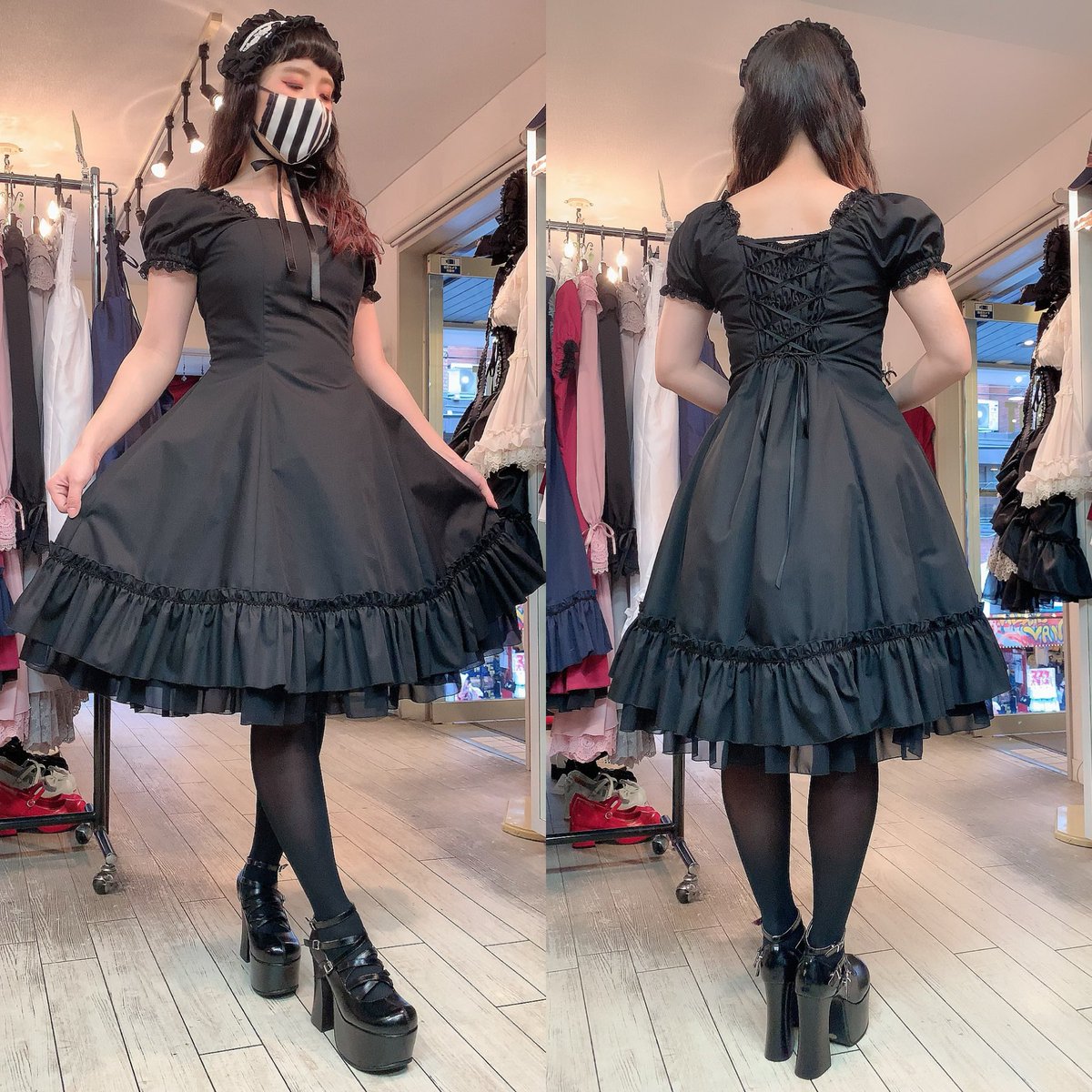 Atelier Pierrot Twitterissa スタッフコーディネート ワンピース1着でコーデが完成 襟有り 無しで印象が変わります スタッフ155cm Atelier Pierrot 付け襟パフスリーブワンピース ブラック T Co Kbxgl8q8hf ローズフリルヘッドドレス