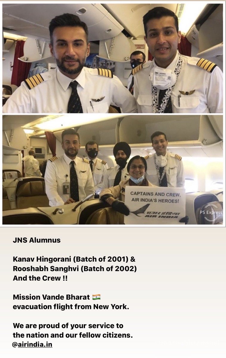 Jamnabai Narsee (@jamnabainarsee) on Twitter photo JNS Alumnus
Kanav Hingorani (Batch of 2001) &
Rooshabh Sanghvi (Batch of 2002)
And the Crew !!
Mission Vande Bharat 🇮🇳
evacuation flight from New York.
We are proud of your service to the nation and our fellow citizens.
Salute Air India & Team 🙏
@airindiain <a href="/Sujay_Jairaj/">Sujay Jairaj</a> JNS Alumnus
Kanav Hingorani (Batch of 2001) &
Rooshabh Sanghvi (Batch of 2002)
And the Crew !!
Mission Vande Bharat 🇮🇳
evacuation flight from New York.
We are proud of your service to the nation and our fellow citizens.
Salute Air India & Team 🙏
@airindiain <a href="/Sujay_Jairaj/">Sujay Jairaj</a>