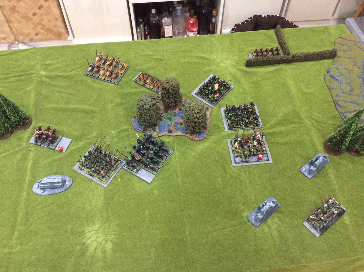 Moved off. Meeting the first goblin spear unit, they just managed to beat them off only to wilt under continual missile fire and a charge by the second spear unit. It was to much and they broke and ran. Meanwhile, in the centre, the Wolf rider cavalry charged the pikes....