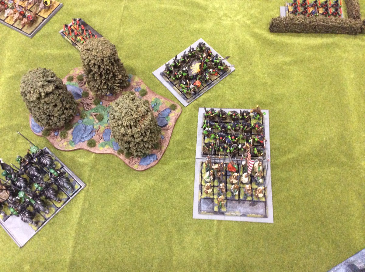 Moved off. Meeting the first goblin spear unit, they just managed to beat them off only to wilt under continual missile fire and a charge by the second spear unit. It was to much and they broke and ran. Meanwhile, in the centre, the Wolf rider cavalry charged the pikes....