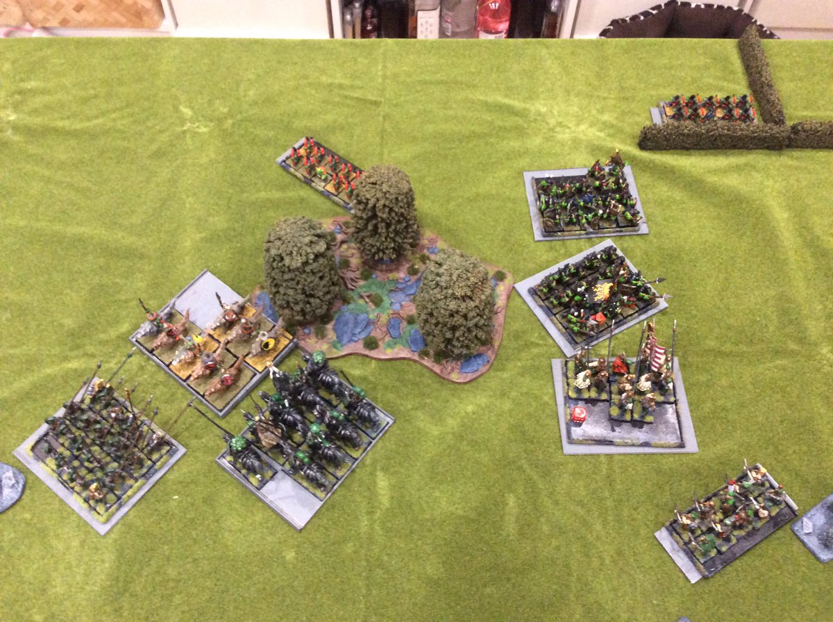 Moved off. Meeting the first goblin spear unit, they just managed to beat them off only to wilt under continual missile fire and a charge by the second spear unit. It was to much and they broke and ran. Meanwhile, in the centre, the Wolf rider cavalry charged the pikes....