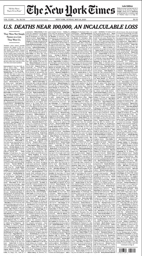 This is the front page of today's New York Times. As the US Covid-19 ...