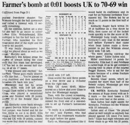 Eddie Sutton's last win as the head coach for the University of Kentucky men's basketball program was on March 1st, 1989 against Ole Miss at Rupp Arena, a 70-69 victory. Richie Farmer's only made basket of the game, a 3-pointer with 1 second left, provided the difference. (3/11)