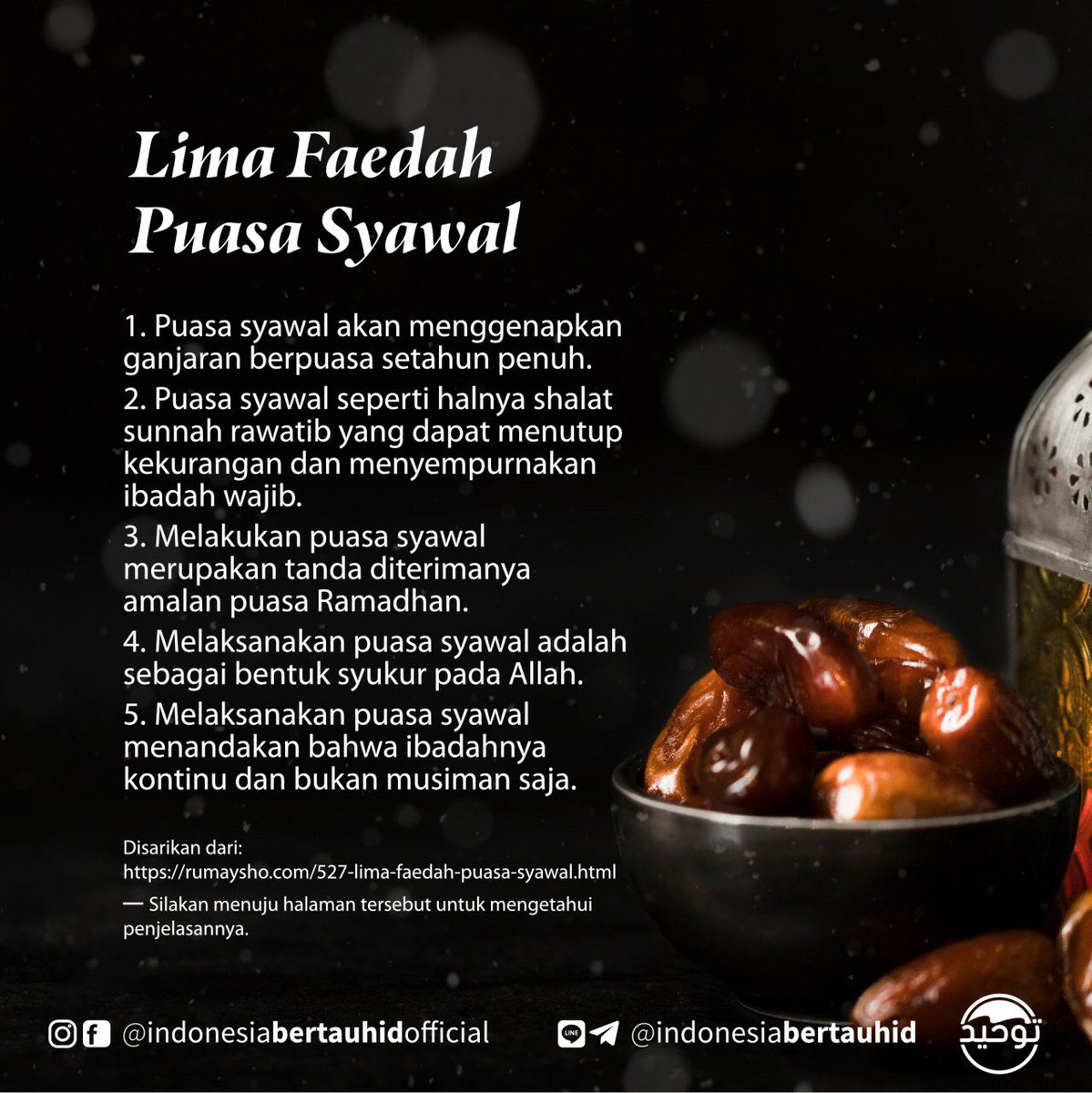 indonesiatauhid's tweet photo. Lima Faedah Puasa Syawal. Yuk jangan lewatkan https://t.co/NQdoTeKyv0