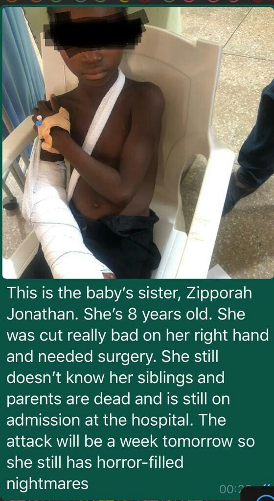 Isaiah & Ziporah remain hospitalised. Jonathan Yakubu's 2nd wife & the months-old whose injuries from this instalment of  #AdaraMassacres are not considered life-threatening, are being looked after in displacement in Kufana village. #NotAtWar #NDOM20