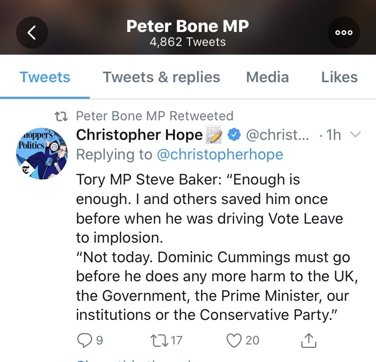 Peter Bone MP retweets criticism of Cummings & the call for him to quit.