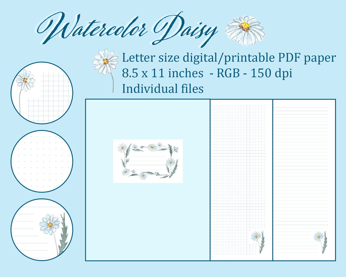 LinagaiaA's tweet photo. WATERCOLOR DAISY LETTER size 8.5x11 inches digital printable illustrated paper set. Dotted, grid and ruled writing pages with blue graphics.🌼 https://t.co/dGEEaEi3Qp
#pribtables #digitalpaper #Daisies #daisy #watercolorart #stationery #homeschooling #lightblue #notetaking  #PDF https://t.co/0Z5lGSaieA