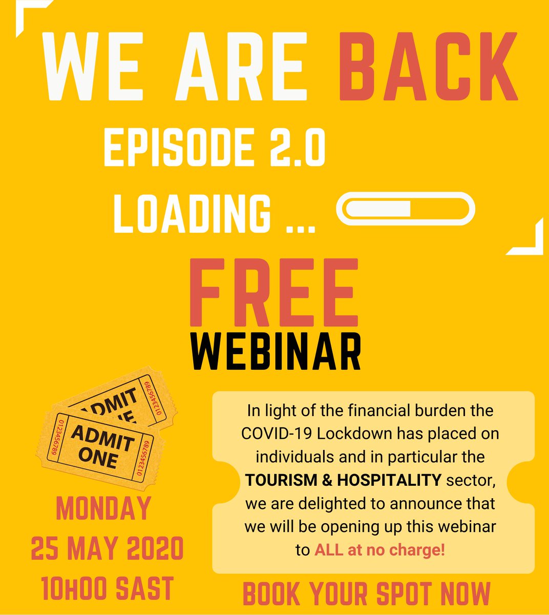 william_price's tweet photo. Register now for Episode 2 tomorrow
Reinvent your business - the 2nd webinar in a series for #Tourism &amp; #Hospitality businesses
Don't miss @spillly @PrakashPatel_1 @Mqondisi_Gumede tomorrow at 10h00
https://t.co/pF5ySRadSI #WeDoTourism #ChatrBox #HACKTOURISM https://t.co/FqsIhzzVOw