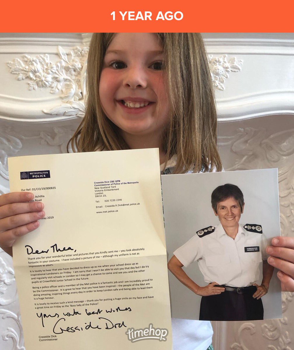 TheaAchillea's tweet photo. A year ago today I dressed up as #CressidaDick for my school’s #InspirationalLondoners day. I was so pleased to receive such a lovely letter from the Boss Lady herself! @metpoliceuk #MetPolice #ImOnlyFive #London #LondonTogether #staysafe https://t.co/JZ3cjuKit7