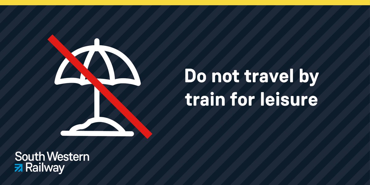 Over the bank holiday weekend please don’t be tempted to use our services unless you’re going to work.

#Stayalert, and only use our trains for essential journeys you can’t make on foot, by bike or in the car. 

If need to travel, please plan ahead 👇
southwesternrailway.com/travelling-wit…