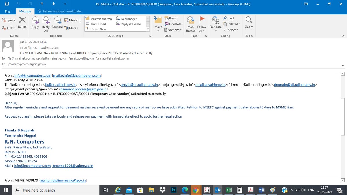 kncomp123's tweet photo. @PiyushGoyal Not getting payment from NWR against GEM supply. Mails sent to respective officials many times at last being MSME file petition but still not received payment from your department. Request you kindly help and resolve same. Already 5 months has gone. https://t.co/AxFrRreUXp